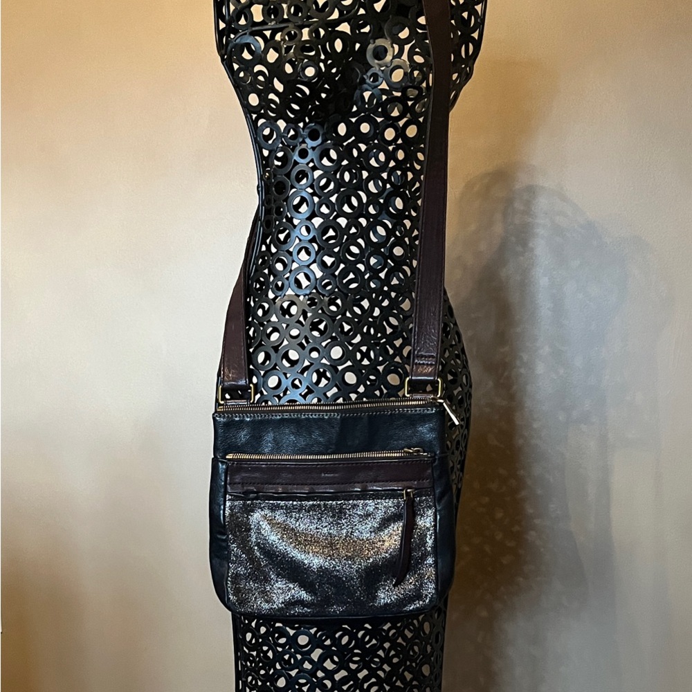 Fossil Corey Black and Brown Leather Crossbody Bag w/ Shimmer.